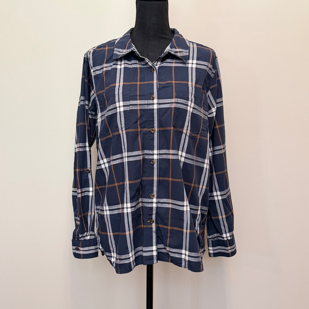 Carhartt Women XL Plaid Button Down Shirt Blue White Gorpcore Outoor Roll Sleeve